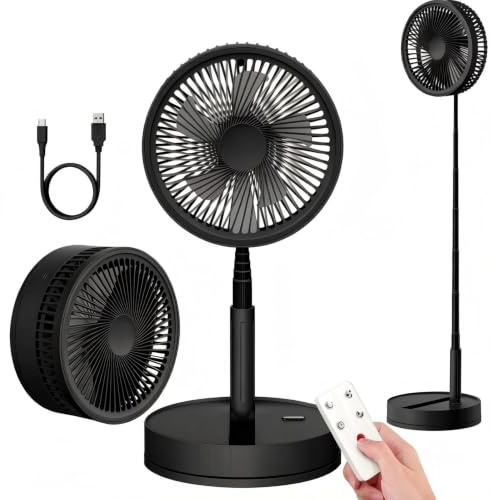 Portable Fan Rechargeable 8000mAh Silent - 8.6 Inch Foldable 12dB Oscillating Pedestal Standing Floor Fan with Remote, USB Battery Telescopic Desk Fan for Bedroom Cruise Camping Travel Hospital Black