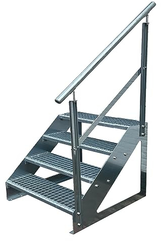 Kaminbau Mierzwa Premium Treppe Freistehend 4 Stufen Geländer Rechts (Breite 800 mm) (Höhe 76cm) Wetterfest Gitterroststufe Gartentreppe