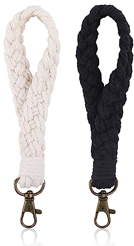 WINKIO Schlüsselanhänger kurz Lanyard, 2 Stück Schlüsselband Weicher Makramee Armband Schlüsselband Boho Handmade Wrist Lanyard Keychain Geschenke für Mama & Schwestern & Freunde (Schwarz+Weiß)