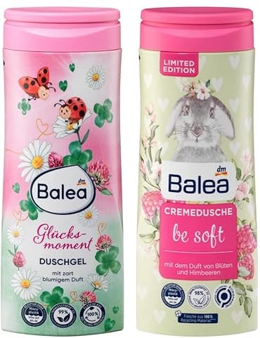 Balea 2er-Set Körperpflege: Duschgel GLÜCKSMOMENT mit blumigem Duft auch für empfindliche Haut (300 ml) + Cremedusche BE SOFT mit Duft von Blüten & Himbeeren (300 ml), 600 ml