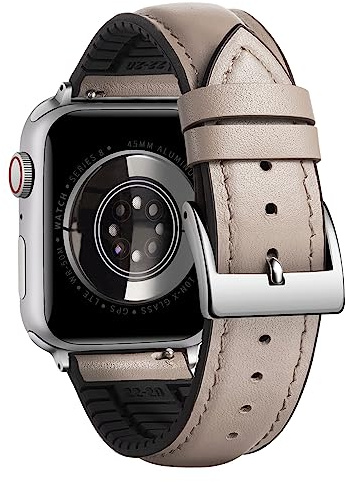 BINLUN Compatible with Apple Watch Bands Leather Soft Silicone Inner Hybrid Sweatproof 42mm 44mm 45mm 46mm 49mm Watch Strap for iWatch Ultra SE Series 11/10/9/8/7/6/5/4/3/2/1(Silver Buckle,Beige)