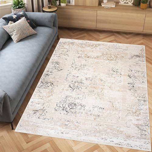 TAPISO Hera Teppich Kurzflor Glänzend Creme Beige Grau Abstrakt Flecken Linien Verwischt Meliert 3D Effekt Wohnzimmer Schlafzimmer ÖKO-TEX 160 x 230 cm