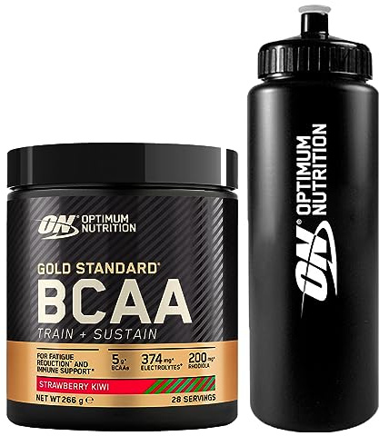 Optimum Nutrition Gold Standard BCAA Train+Sustain Aminoacidi in Polvere Pre-Allenamento Integratore con Vitamina C Zinco Magnesio Elettroliti Gusto Fragola e Kiwi 28 Porzioni 266g + BORRACCIA