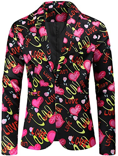 Cappotto di Moda da Uomo Casual Pocket Button Suit Giacche Fibbia Cuore Stampato Giacca Costume Casual Semplice Petto Giacca Lavoro Uomo Fluo, Rosa, XXXL