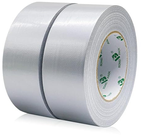 BOMEI PACK Lot de 2 rouleaux de ruban américain 50 mm x 50 m - Ruban adhésif gris solide en tissu renforcé - Pour intérieur et extérieur (argent)