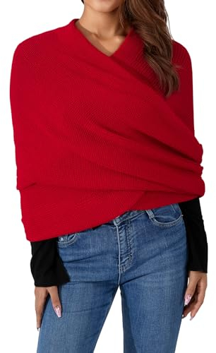 Edhomenn Wollschal für Damen, Strick-Wickelpullover, vielseitig verwendbar, einfarbig, Y2K, Herbst-Winter-Schal mit langen Ärmeln, 02 rot, One size