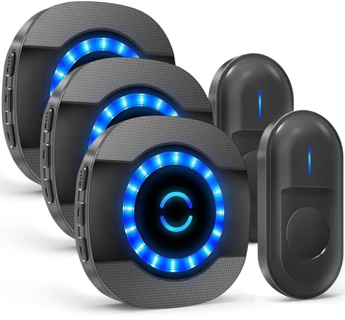 SURFOU Sonnette sans Fil Exterieur, 300M Sonnette de Porte Étanche Carillon Electronique Kit avec 2 Emetteurs 3 Récepteurs Enfichables pour la Maison, 55 Mélodies au 5 Niveaux Volumes, LED Bleu, Noir