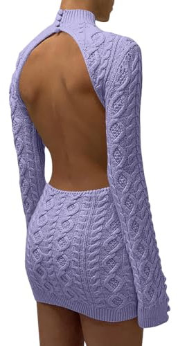 ORANDESIGNE Robes Femmes Sexy Dos Nu Dentelle Robe Patchwork Élégantes À Manches Longues Décontractée Mini Robe Couleur Unie Robe De Soirée Clubbing Cocktail A Lila Clair M