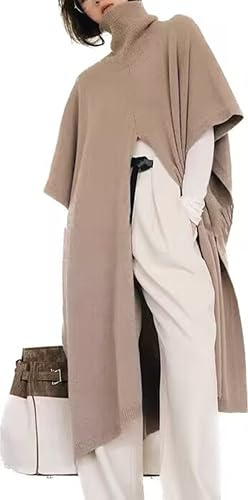 Women's Knitted Cashmere Wool Shawl Solid Color Long Cloak High Neck Cape Sweater Fashion Warm Poncho (Cashmere, camel)