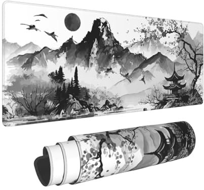 Japanese Watercolor Black White Cherry Blossom Gaming Mouse Pad 31.5x11.8 Inch XL Large Keyboard Mouse Pad Rubber Base Mouse Pad