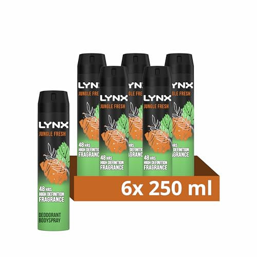 Lynx Men Jungle Fresh Deodorant Body Spray with a palm leaves & amber scent for 48 hours of odour-busting zinc tech 250 ml, Pack of 6