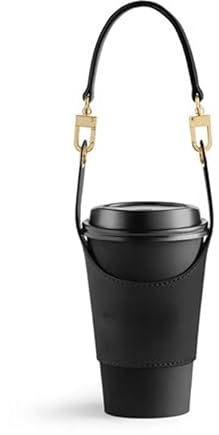 Reusable Leather Coffee Cup Sleeve with Handle - Portable Tea Mug Holder, Protective Drink Carrier, Adjustable Cupholder with Lanyard, PU Cup Cover for Coffee, Tea, Water, Milk (Black)