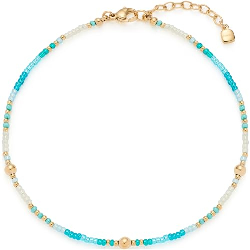 JEWELS BY LEONARDO Fußkette Ciao Janni • zartes Fuss-Kettchen aus goldfarbenem Edelstahl • winzig aufgereihte Aqua-Türkis-Glasperlen • 24-28 cm Länge • Geschenk Damen • 023860