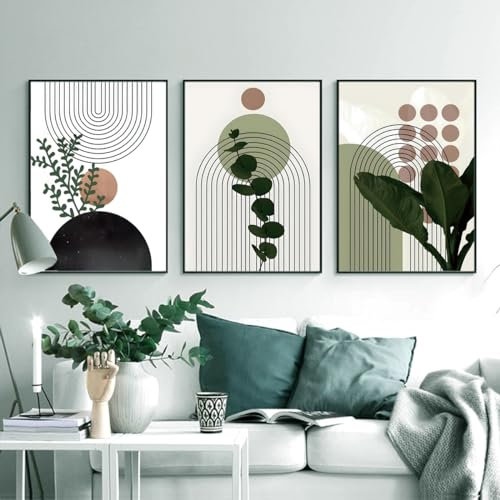 KXHHYB Modernes Geometrisches Linienbild,Aesthetic Grüne Pflanze Bilder Moderne Wandbilder, Wohnzimmer Schlafzimmer Wanddeko Art ohne Rahmen (A,60x90cm*3)