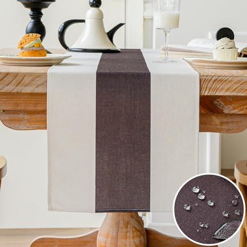 Vorysum Tischläufer Modern Dekoration Tischläufer Wasserabweisend Leinen，Tischläufer Abwaschbar，Tischdecke Outdoor Sommer Garten für Hochzeit Esszimmer Party Urlaub (Braun, 33 x 183 cm)