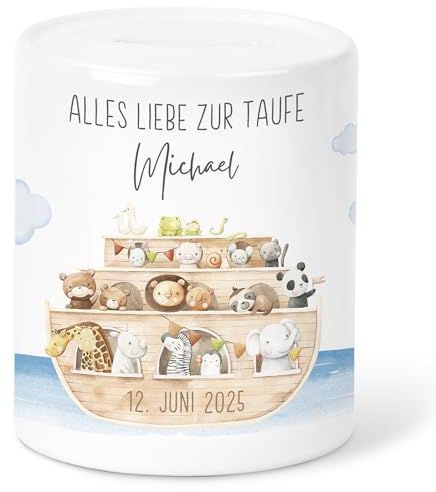 Spardose Taufe Geldgeschenk Verpackung personalisiert Taufgeschenk für Jungen & Mädchen Arche Noah Sparkasse Sparbüchse Sparbox Sparschwein aus Keramik