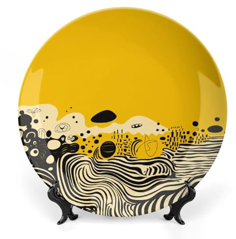 LKJTRF 6inch Ceramic Decorative Plates Mustard Yellow And Black Bone China Decorative Plates with Display Stand Handmade Ceramic Ornament for Home Kitchen Bedroom Decorative Ornaments