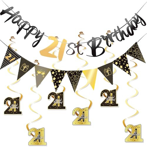 Scettar 21th Geburtstag Deko Set, geburtstagsdeko 21, 21. Partydeko, Doppelseitiger Druck Dreieckige Flagge, Schwarzes Gold Spiralanhänger, Geburtstag Banner auf Englisch für Jungen und Mädchen