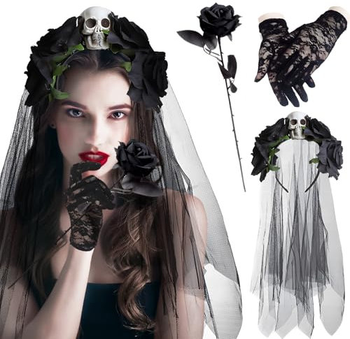shallyong Schleier Braut, Schwarzer Schleier Halloween, Spitzenhandschuhe Schwarz, Schwarze Rosen, Haarreif Blumen, Mexikanische Blumenkrone,für Cosplay Partys Feste Karneval