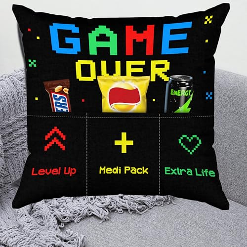 KAMACA Gamerkissen Dekokissen mit weicher Füllung 43 x 43 cm mit 3 befüllbaren Taschen Geschenk Männer Gamer Zocker Teenager für Gaming-Sessions Vatertag Geburtstag Weihnachten (Game Over A)