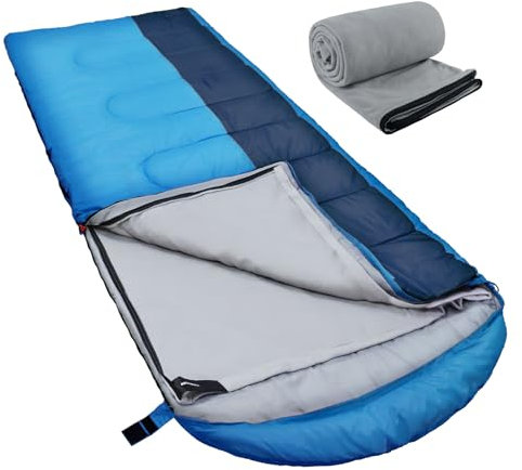 WKFAMOUT XL Schlafsack Outdoor mit Fleecefutter Schlafsäcke Erwachsene Maschinenwaschbar Winter Deckenschlafsack mit Kompressionssack für 4 Jahreszeiten Camping Wandern Blau
