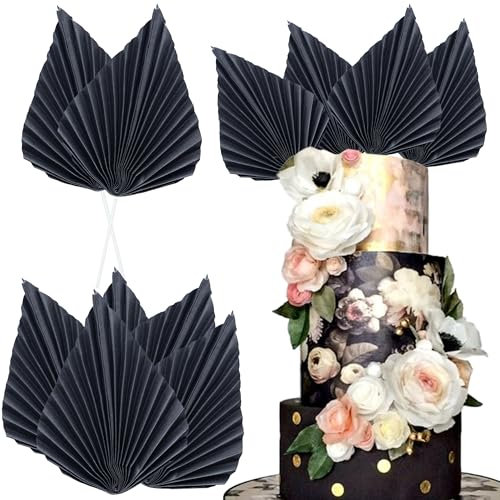 Ephlyn 6Pcs Paper Palm Fan Cake Topper Palm Leaf Fan Cake Pick for DIY Cake Bakeware Baby Shower Wedding Bridal Shower Birthday Anniversary Party Cake Decorations Supplies Black