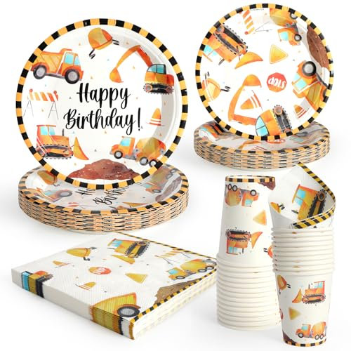 PARTY GO 96 platos de papel para cena y postre, platos desechables amarillos de construcción, paquete de suministros para fiestas temáticas