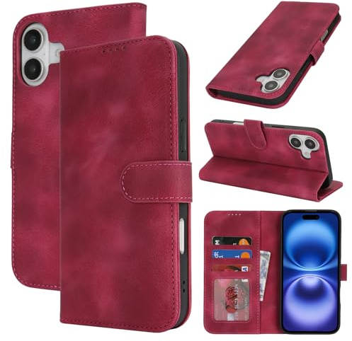 Zouzt Hülle für iPhone 16 (6,1), Premium PU Leder, Vintage Grape Red | Handyhülle mit Kartenfächern, Magnet Klapp Schutzhülle, Stoßfeste TPU-Innenhülle, Frauen Männer, Leather Wallet Phone Case