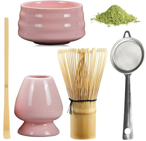 BAIFULAI Ensemble à thé matcha 5 pièces - Set à thé japonais - Fouet en céramique - Bol à matcha - Porte-fouet - Accessoires japonais pour cérémonie de matcha (rose)