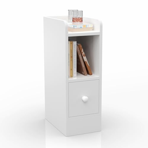 CHOWGOLI Nachttisch Schmal, Nachttisch Klein für Schlafzimmer, Wohnzimmer, Beistelltisch mit Schublade und Offene Fach, Schmaler Nachttisch 20 cm Breit 60 cm Hoch, Nachtschrank Schmal Weiß, 20x35x60cm