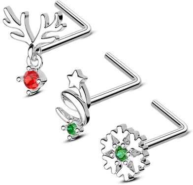 Agrewd Nasenstecker, Weihnachtsbaum, Hirschgeweih, Schneeflocke, Nasenstecker, 20 g, Rot / Grün, Nasenschraube L-Form, Nasenpiercing, Schmuck für Damen und Herren, 3 Stück, Zirkonia