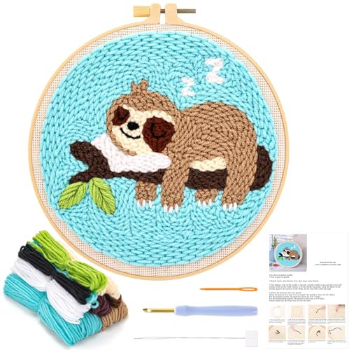 JSRQT Punch Needle Embroidery Starter Kit - Sloth With Hoops, Instructions for Beginners, Rug Hooking Kit for Adults, Handcraft Cross Stitch Kit, Craft Rug-Punch & Pinch Needle