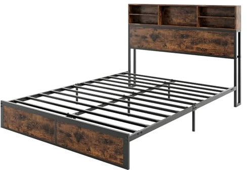 Multigot King Size Bed Frame, 5FT Industrial Metal Slat Support Bedstead with Charging Station, Storage Headboard and Underbed Space, Platform Bed Mattress Foundation, No Box Spring Needed