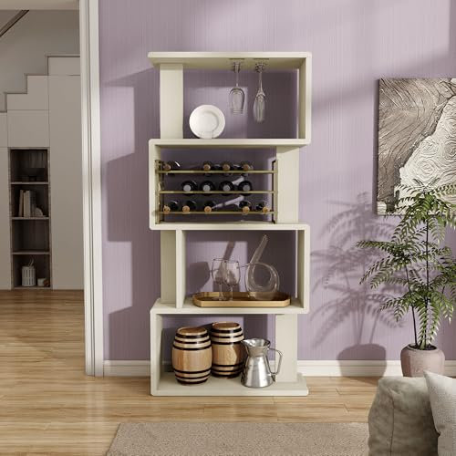 HOMES: INSIDE + OUT Rucks Moderner Weinschrank aus Holz mit offenen Ablagen, abnehmbarem Flaschenhalter und Stielglasregal, Barstall für Küche, Wohnzimmer, Esszimmer, cremefarbenes Gewebe