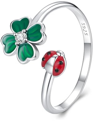 Qings Vierblättriges Kleeblatt Biene Ring für Damen 925 Sterling Silber Schmetterling Libelle Blume Verstellbarer Offener Ringe Tiere Geburtstags Schmuck Geschenke für Frauen