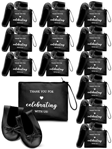 Cuffbow 12 Pairs Folding Wedding Shoes Roll Up Ballet Flat Shoes Bulk Dance Slippers for Bride Bridesmaids Guest Dance Floor, Black/White, One Size