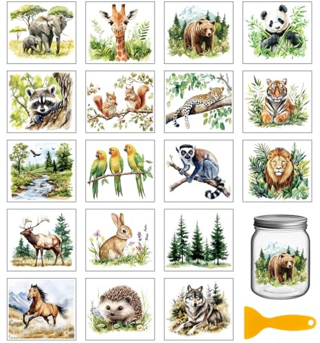 GLOBLELAND 18 Sheets Forest Animals Rub on Transfer 3.9x3.6inch Colorful Panda Tiger Lion Giraffe Vase Home Decals Rabbit Bear Cup Transfer Stickers for Furniture Vase Glass Art Crafts Decorations