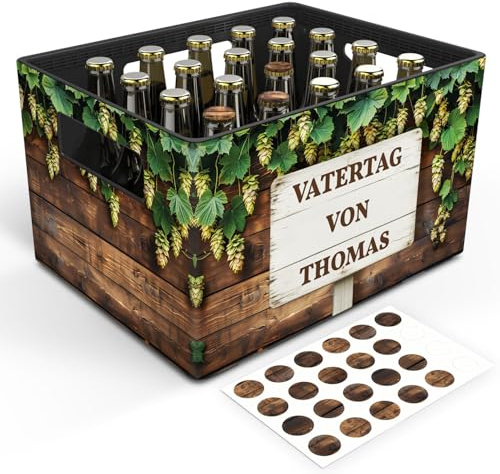 GRAVURZEILE Bierkasten-Banderole - Vatertag - Personalisiert mit Name - Geschenkidee für Männer zum Vatertag & Geburtstag - Inkl. 24 Flaschendeckel-Aufkleber - Passend für 20er Bierkasten