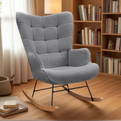 Schaukelstuhl mit Armlehnen, gepolstert, Rocking Chair, Schaukelstuhl, Schlafzimmer, gepolsterter ergonomischer Samtstoff, Sessel für das Wohnzimmer (dunkelgrau B, Samt)