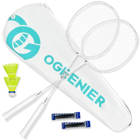 OGEENIER 3U Badminton Set Badmintonschläger Profi mit Tasche | Federball Set: 2 Badmintonschläger, 2 Federbälle, 2 Griffbänder + Tasche. Ideal für Freizeit & Turnier