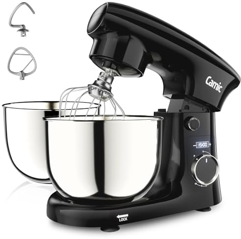 Camic Küchenmaschine mit 3 Zubehörteilen (Knet-, Rühr-, Schneebesen),Teigmaschine mit LED-Display, Zeit einstellen, 10 Geschwindigkeitsstufen, 2 Edelstahlschüsseln 4L+5L, für Teig, Brot, Pizza, Kuchen