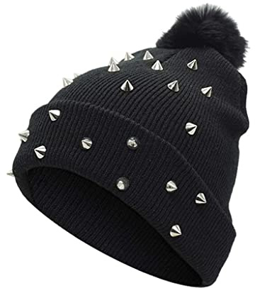 Kadagg Punk-Strickmütze Schwarze Acrylmütze Rock-Hiphop-Winter weicher Warmer Bommel Strickmütze aus Acryl für Damen Acryl