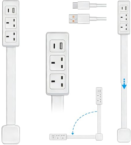 Extendable Rotating Outlet, Electrical Outlet Expander, Desk Extender | 2 AC, USB-A & USB-C Ports 180° Rotation & Telescopic Arm (17.1-27.6) for Hard to Reach Socket