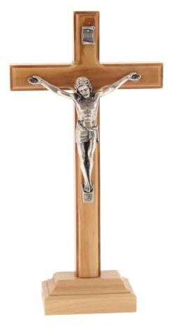 SHALOM - Crocifisso in Legno d'Ulivo con Corpo di Cristo in Metallo e Base, Croce Religiosa Cattolica da Appoggio, Altezza 18,5 cm, Articolo Sacro per Casa e Preghiera