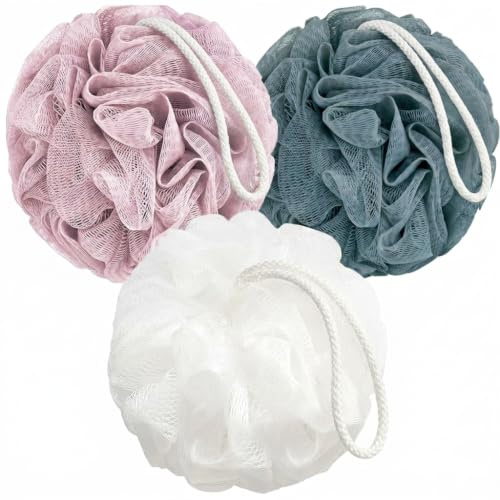 Extra Large 100g Shower Puff 3 Pack 50% Heavier Than Standard Premium Ultra-Dense Soft Mesh Loofah Sponge for Body Gentle Exfoliating Shower Scrubber for Men & WomenGift-Ready Zipp (White, Pink, Blue)