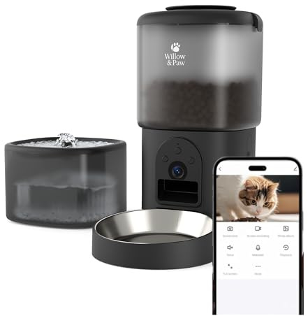 Willow & Paw 2in1 Smart Automatic Pet Feeder and Water Fountain Kit - HD Camera, Wi-Fi App Control, 4.5L Food & 2.5L Water for Cats and Dogs (Black)