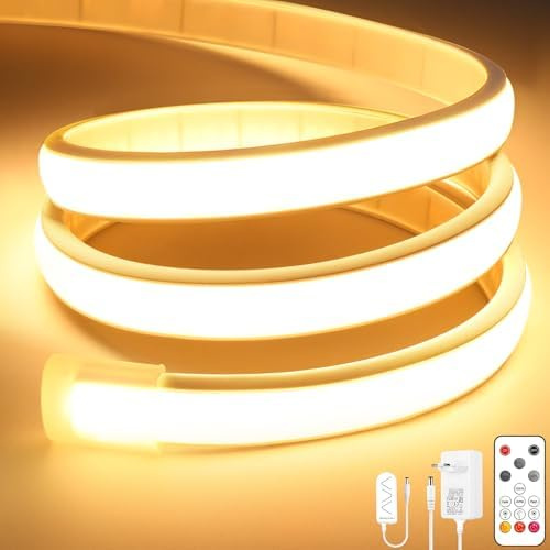 Lamomo COB LED Streifen, Warmweiss Dimmbar Neon Strip mit Fernbedienung, 3m | Selbstklebend, Wasserdicht, Silikon, Flexibel, 3000K, Schneidbar, 10mm Breit, 24V Leiste für Innen Schrank Deko TV, CRI90+