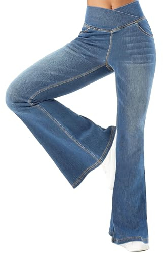 Fengbay Bootcut Jeans Damen V Crossover Hohe Taille Pull On Soft Jeanshose | Leichte Elastischer Bund High Waisted Stretch Damenjeans Mit Taschen Mode Female Jeggings Wide Bein Frauen Denim Hosen Alltag