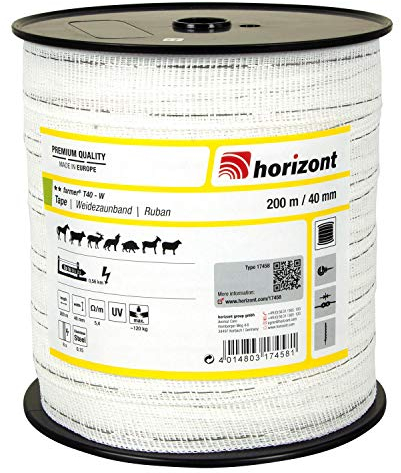 horizont Weidezaunband farmer T40-W, 200 m lang, 40 mm breit, Breitband Litze, Weidezaun Strom, Elektrozaun, für kurze Zäune, 120 kg Bruchlast, Band, Litze Weidezaun