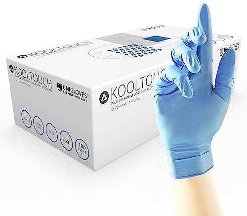 Unigloves Kooltouch Disposable Nitrile Gloves - Powder and Latex Free, Medical Grade, Examination Gloves, Ideal for Dentistry, Healthcare and Food Processing, Blue, Box of 100, Medium